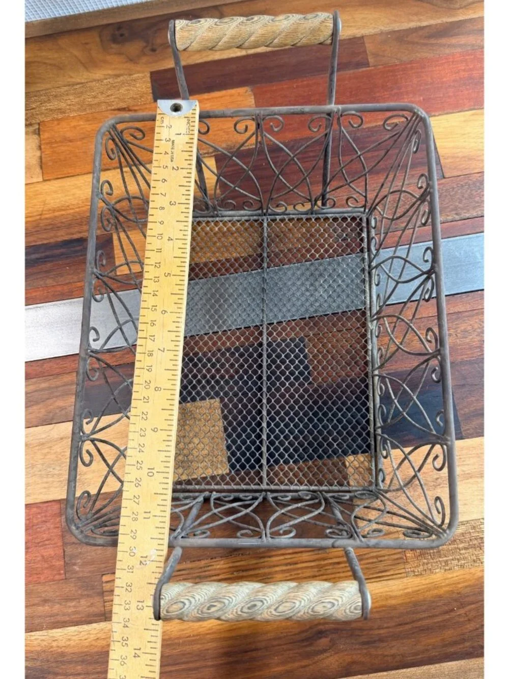 Vintage Rustic Wire Scroll Storage Basket Primitives wood handles
